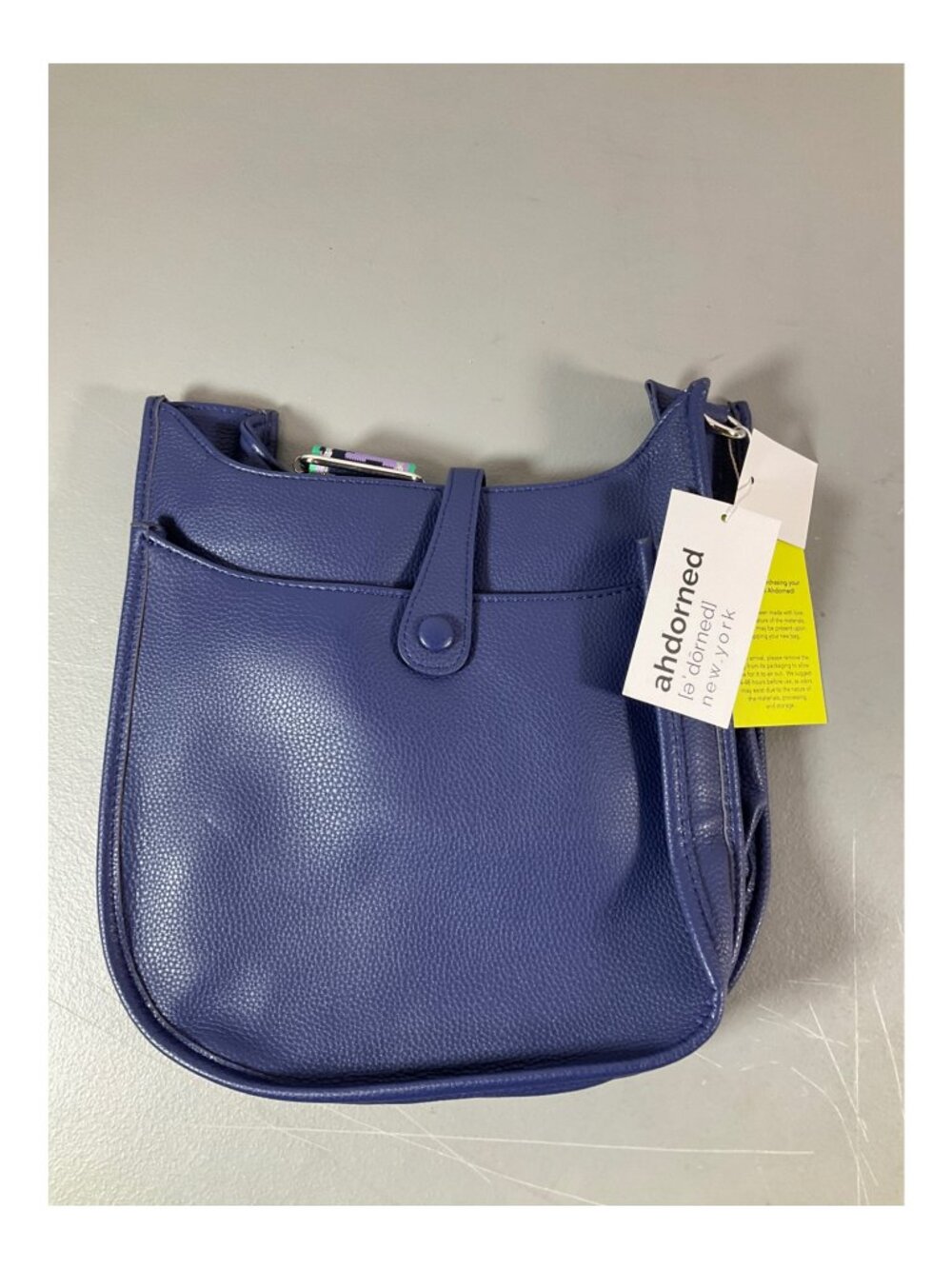 AHDORNED Large Navy Pebble Grain Messenger Bag with Gold Hardware and Camo Strap
